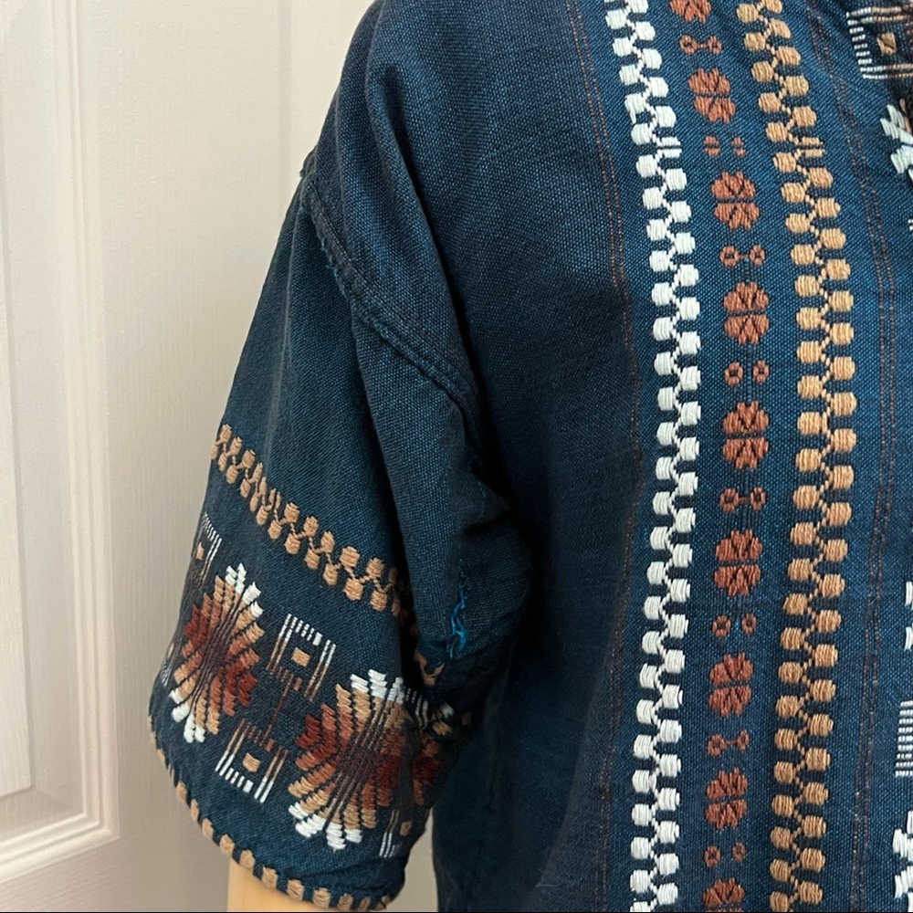 Vintage Embroidered Made in Mexico  Dark Blue Heavy Linen Top - Picture 7 of 16
